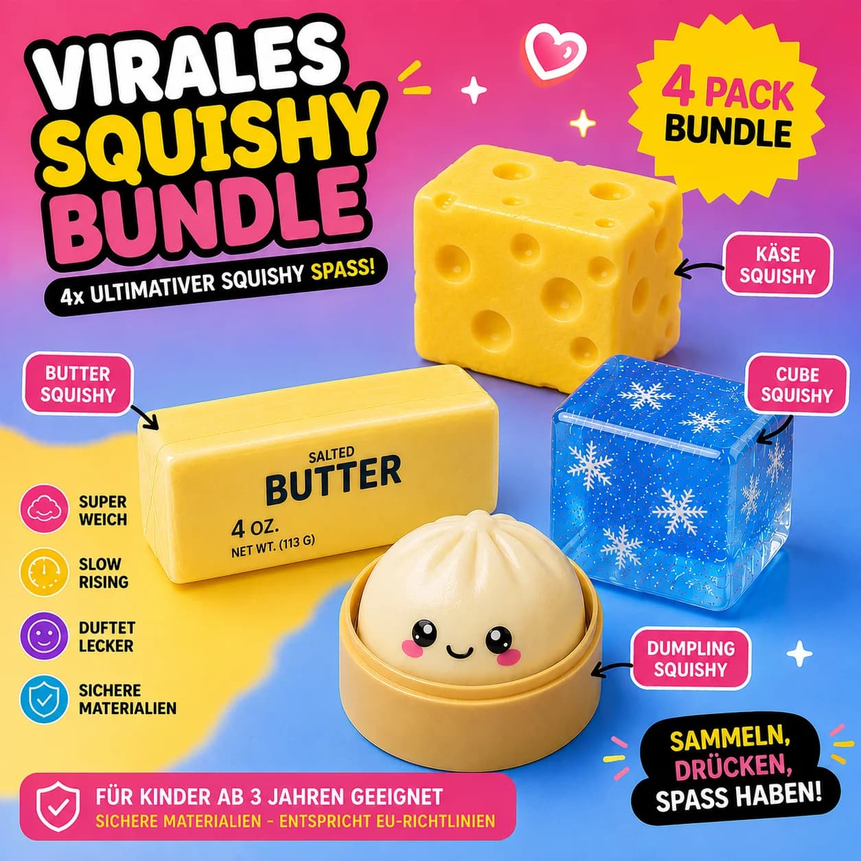 Virale Squishies Bundle (4 verschiedene Squishies)