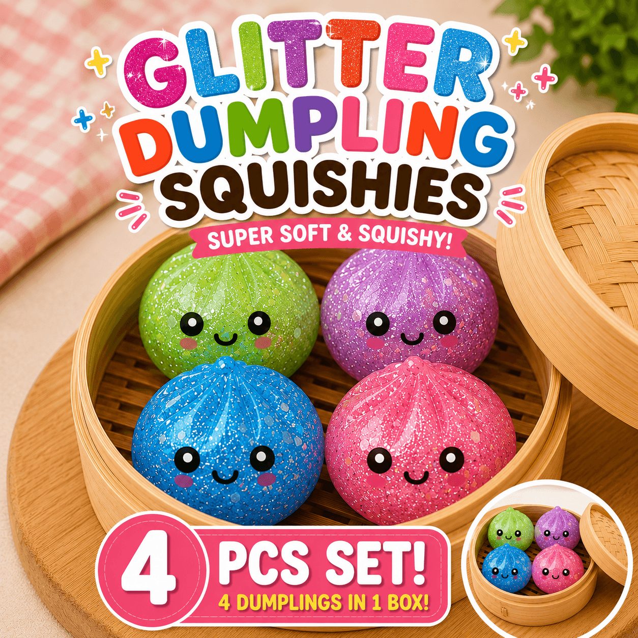 Glitzernder Dumpling Squishy 4er Pack